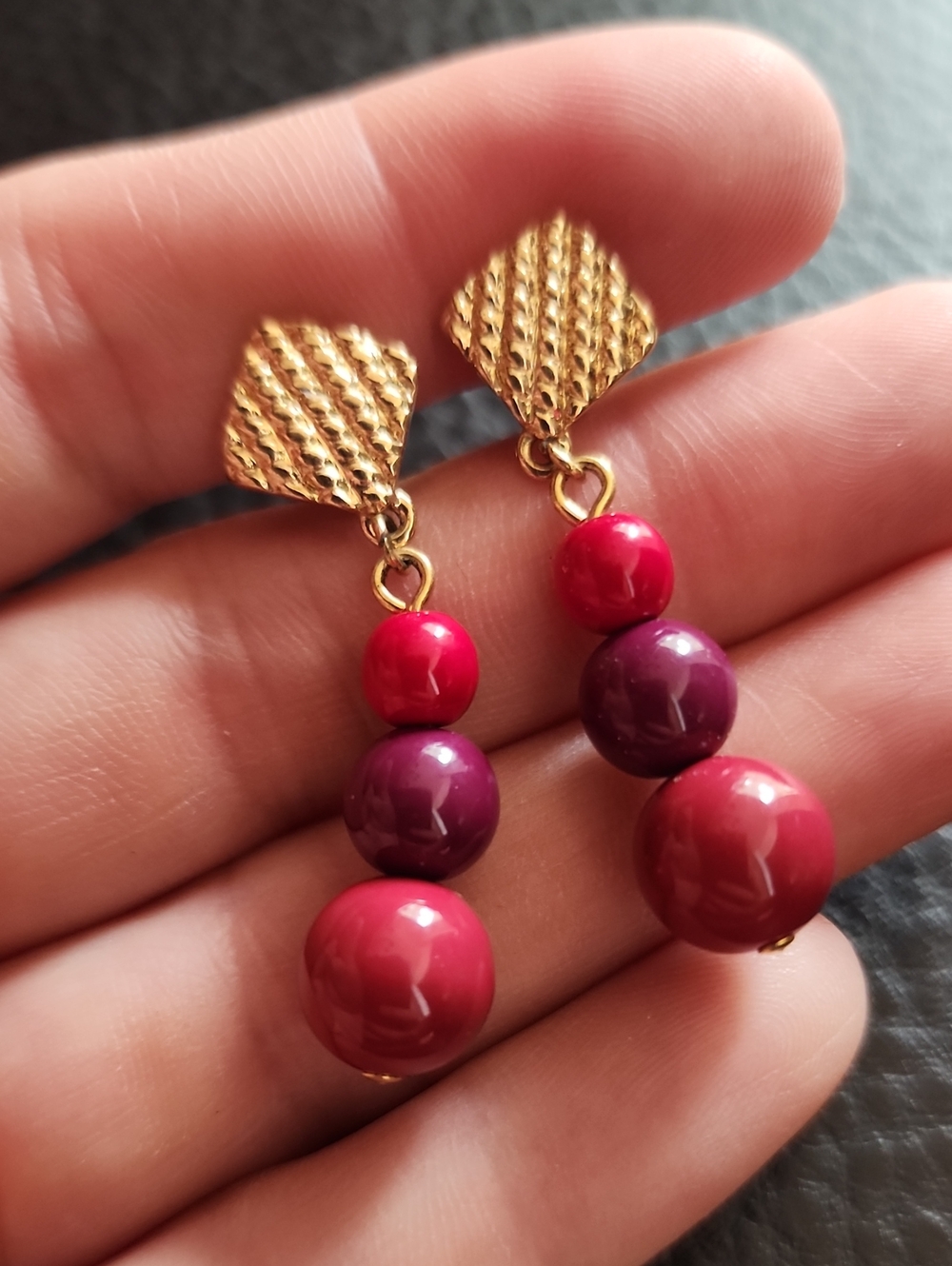 VTG Trifari Gold-Plated Clip Earrings with Pink and Purple Beads